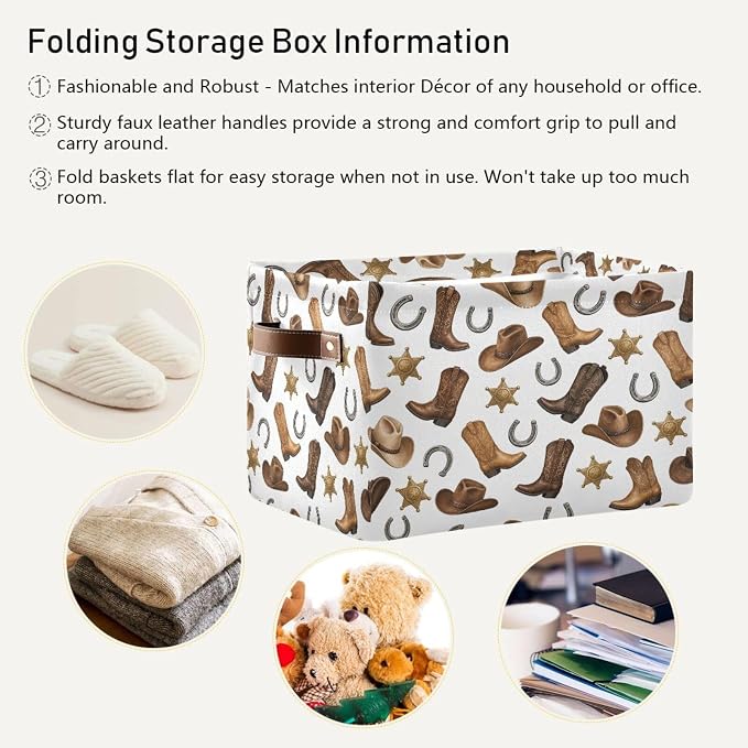 Kigai Storage Basket, Fabric Collapsible Closet Organizer Bin | Western Print Waterproof Foldable Canvas Basket with Handles for Shelves, Nursery, Closet, Bedroom & Bathroom