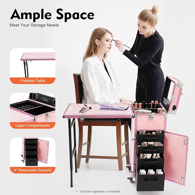 Cosmetic Trolley Storage Organizer, Foldable Nail Tables with 4 Drawers Mirror&Speaker for Hair Stylists Pet Groomers Makeup Artists Technician Workstation Salon (Pink)