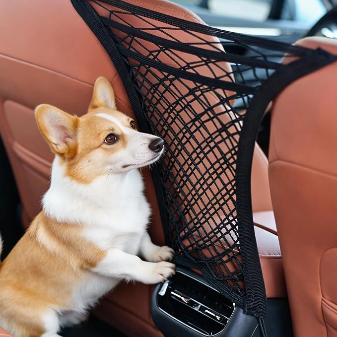 3-Layer Car Mesh Organizer - Backseat Storage & Pet Barrier for Small Dogs | 11"x8.3" net fits headrests or between seats. Holds bottles, umbrellas, tissues, toys. Keeps small dogs (<22lb) from front.