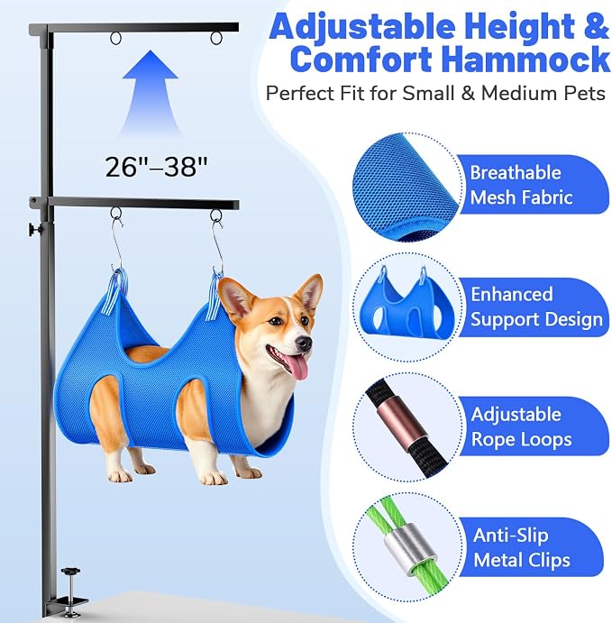 Dog Grooming Arm, 26"-38" Adjustable Clamp with Hammock | Nail Clippers Included, Adjustable Height, Heavy-Duty Design, 2 No-Sit Holders, Small & Medium Dogs