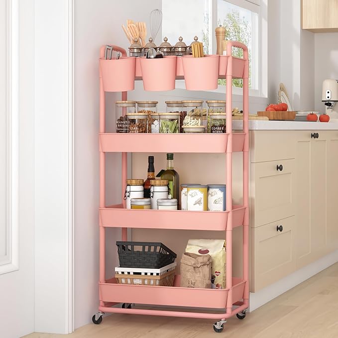 4-Tier Plastic Rolling Storage Cart Utility Cart with Extra Hanging Cups Handles Lockable Wheels for Living Room Bathroom Kitchen Office Pink | Utility Cart with Extra Hanging Cups Arc-Shaped Handles Lockable Wheels for Living Room Bathroom Kitchen Office