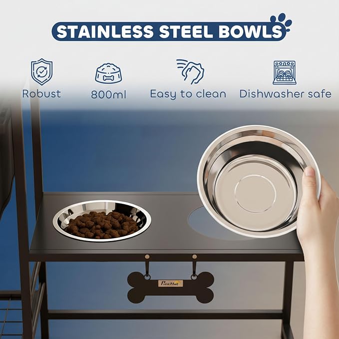 PawHut Dog Bowl Stand, 2 Feeding Stations, 3 Adjustable Heights, Black | Elevated Dog Bowls, Toy Bin Basket, Lifted Food and Water Bowl, Pet Storage Organizer, for Small, Medium, Large Pets