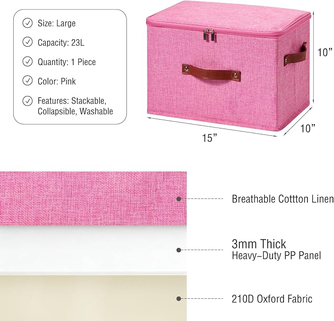 Storage Bin Box with Zippered Lid Decorative Collapsible Basket | Cotton Linen Fabric, Washable Foldable Stackable Clothes Container, Closet Shelf Organizer w/ PU Leather Handles, Pink-Large
