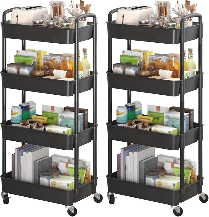Sywhitta 4-Tier Plastic Rolling Utility Cart with Handle, Multi-Functional Storage Trolley for Office, Living Room, Kitchen, Movable Storage Organizer with Wheels, Black (Pack of 2)