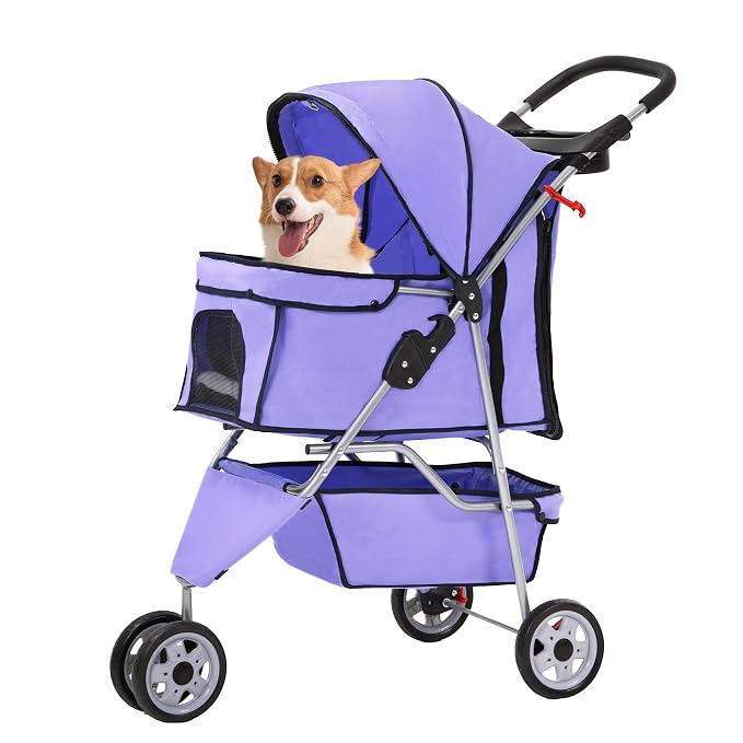 FDW Pet Stroller 3-Wheel Durable Foldable Cat Dog Stroller with Washable Liner Storage Basket Cup Holder,Purple