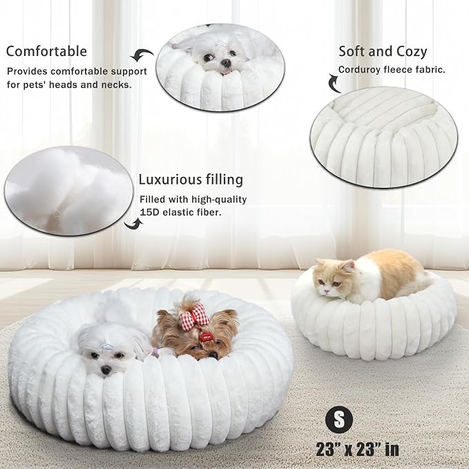 Donut Small Dog Bed Washable - Dog Beds for Small Dogs and Cats with Corduroy Fleece & Anti Slip Bottom, Calming Round Faux Fur Cute Pet Bed for Puppy Kitten, Cream, 23x23x5.5 inches