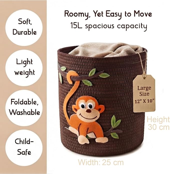 Animal Basket for Nursery Storage, Woven Cotton Rope Bin with Monkey Design, Cutout Handles, Baby-Safe Kids Toy Organizer for Stuffed Animals, Laundry Hamper, Foldable & Washable (Monkey)
