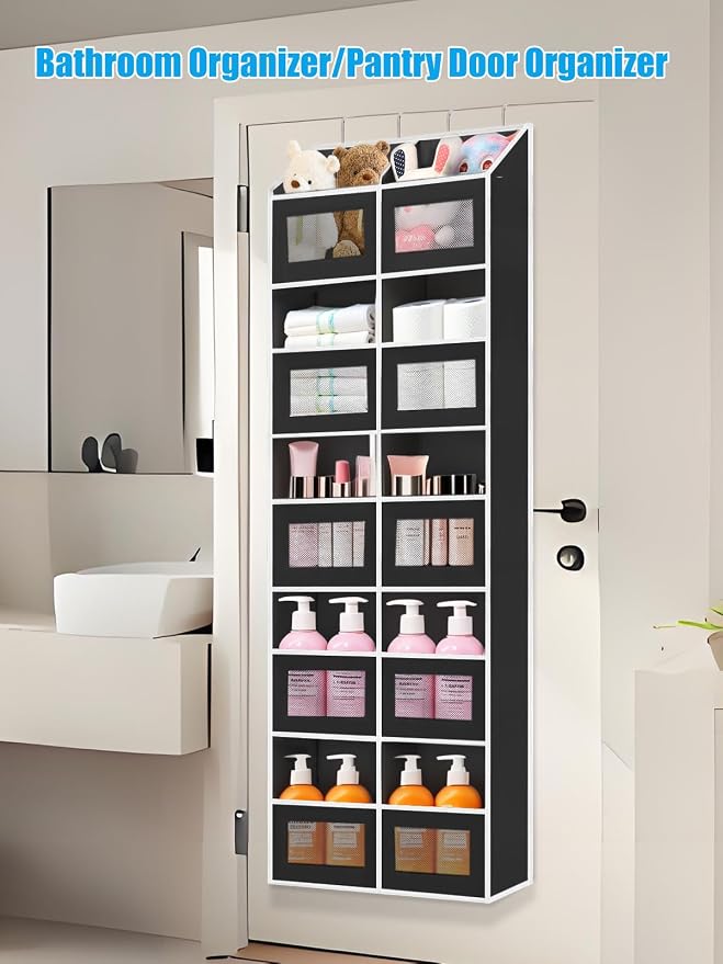 Over the Door Organizer Hanging- 10 Compartments, 80 lbs Load Behind Door Stuffed Animal Storage, Extra Large Toys Storage Organization for Bedroom, Bathroom, Nursery, Shoes, Diaper (black)