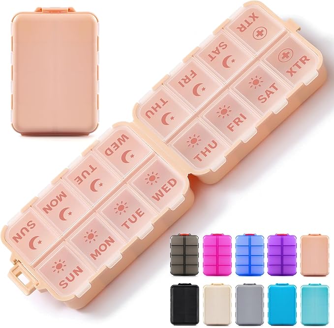 Foldable Weekly Pill Organizer 2 Times a Day with 2 Extra Compartments - Etched Labels - Portable 7 Day AM PM Medicine Box, Week Daily Travel Pill Case Holder Dispenser for Vitamin, Supplement - Pink