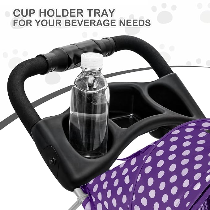 MoNiBloom Pet Stroller for Small/Medium Dogs and Cats, Purple Polka Dots | Foldable Dog Stroller 3 Wheels Pet Strolling Cart w/ Storage Basket Cup Holder, Breathable and Visible Mesh for All-Season