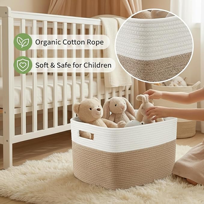 JMvicyroam 65L Large Woven Cotton Rope Blanket Basket, White&Oatmeal | Blanket storage for living room or bedroom use, Freestanding with reinforced handles, Entire basket is machine washable