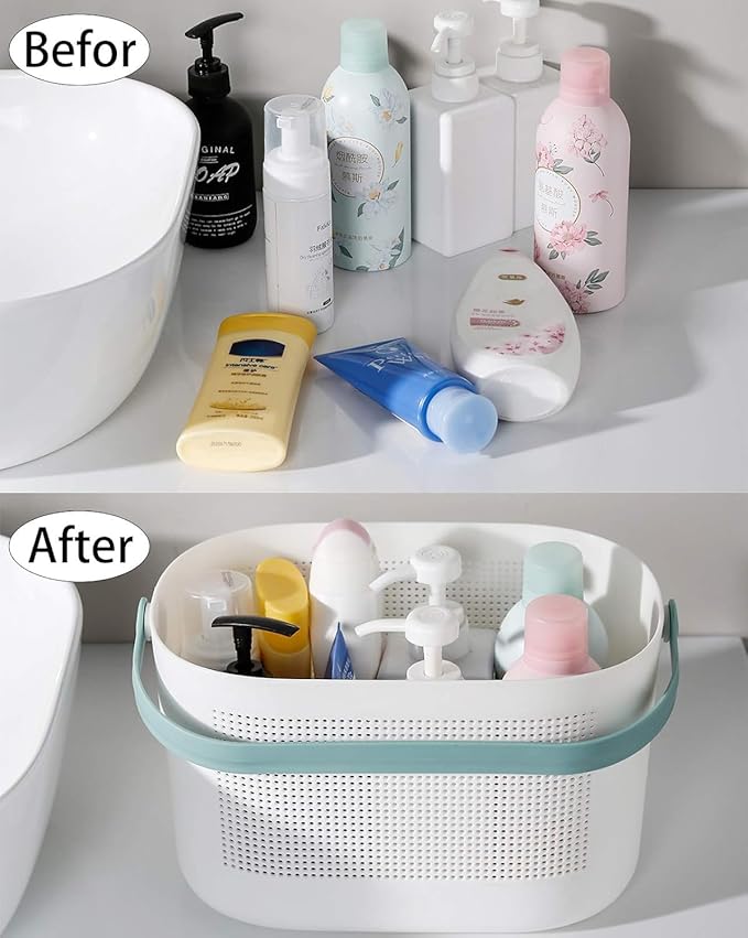 Plastic Portable Shower Caddy Basket, Storage Organizer, Green, 2 Pack | Bottom Drain Holes, Keep Dry, Sturdy and Durable, Easy to Carry for Bathroom, Kitchen, Dorm Room, RV, College