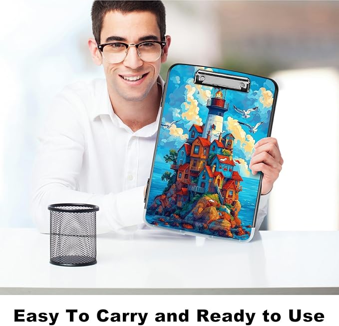 A4 Clipboard with Storage Pen Holder, Clipboards Organizer Nursing Clipboard Foldable File Folder Plastic Clipboard Folio Clip Board for Office Work Classroom Doctor, Blue Sky Castle