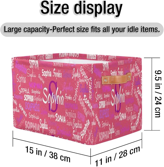 Custom Storage Baskets for Kids with Name, Large Foldable Organizer Collapsible Storage Bin with Leather Handle for Home Toys Closet Nursery, Light Violet Red Color