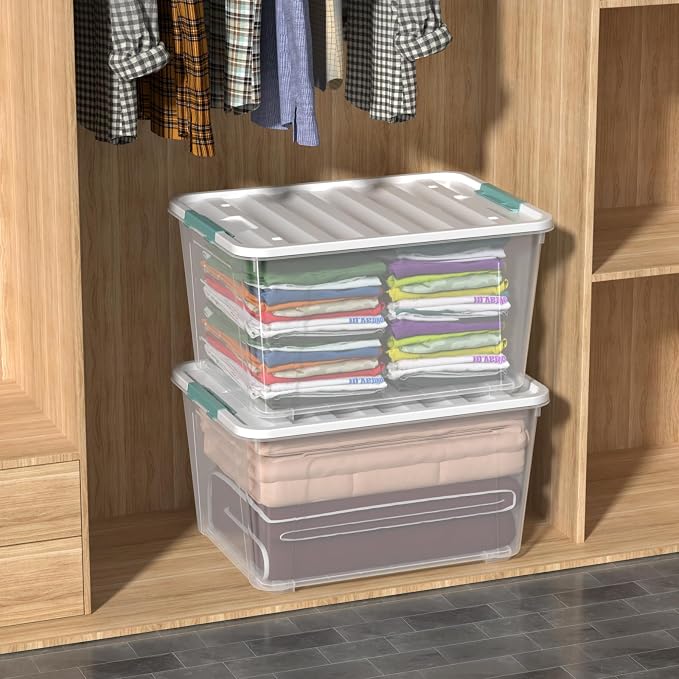 85 Quart Large Plastic Clear Storage Bins with Wheels, 4 Packs | Stackable Large Capacity Plastic Organization Box with Wheels