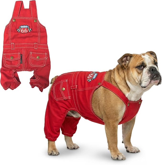 Parisian Pet Red Dog Overalls - Route 66 Denim Dog Clothes - Breathable Sling Puppy Jumpsuit - Durable and Trendy Overalls for Dogs - Comfortable Jeans Dog Clothes for Large Dogs - Classy Pet Apparel