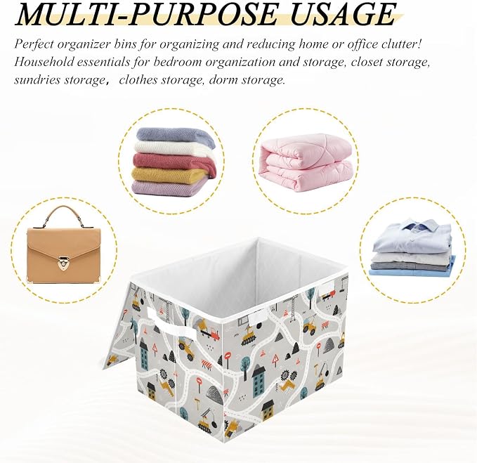 Car Map Pattern Storage Bins with Lids Closet Bedroom 40L Fabric Bin | Decorative Storage Boxes, Foldable & Stackable, Dust-Proof Flip Top, Reinforced Handles, For Home & Dorm, Clothes & Toy Box