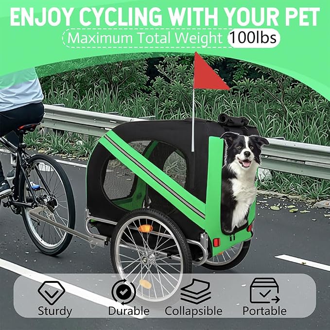 Dog Bike Trailer, Foldable Pet Bicycle Trailer with 20" Air-Filled Wheels, Universal Bike Hitch, Oxford Fabric & Steel Frame, Weather-Resistant Pet Carrier Cart for Small & Medium Dogs up to 66
