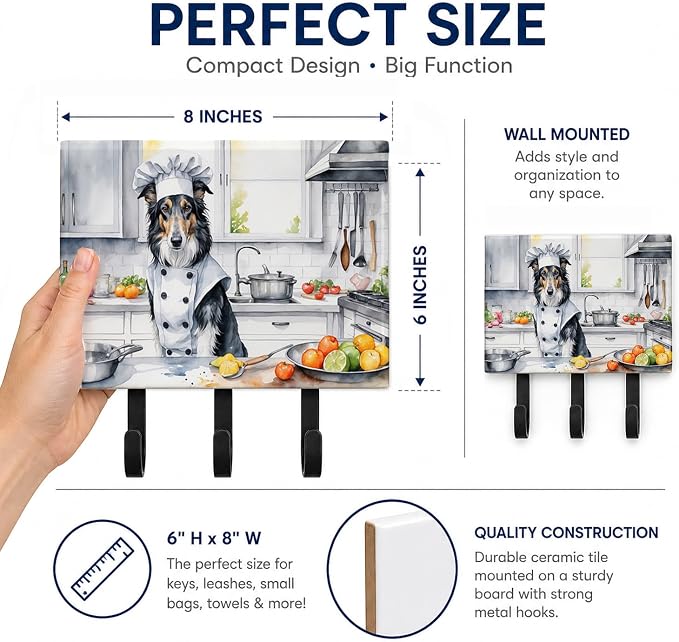 Caroline's Treasures Borzoi The Chef Leash or Key Holder Wall Hooks, Key Hooks Holder, Coat Rack Wall Mount, Coat Hooks, Hooks for Hanging Keys, Towels, Aprons, Leashes | Borzoi The Chef artwork on ceramic tile with three steel hooks for keys, leashes,...