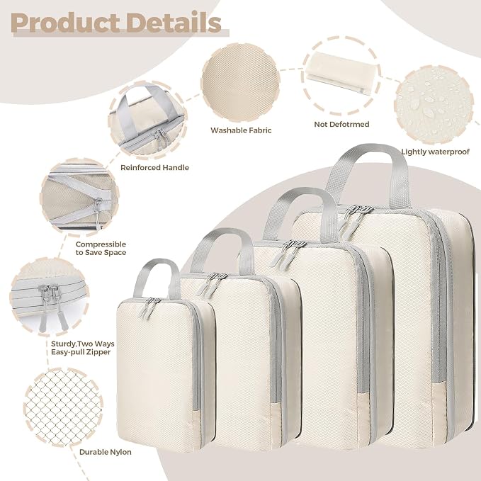 LANSKLBD 6/8 Set Packing Cubes for Suitcases Travel Luggage Packing Organizers,Travel Accessories Essentials Luggage Organizer with Shoe/Tioletry/Laundry Bag (Beige, 4 set)