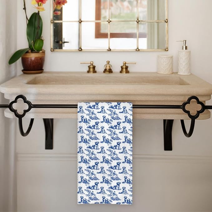 Chicimln Chinoiserie Schnauzer Kitchen Towels, Schnauzer Gifts for Women Men Decorative Hand Towels for Bathroom, Blue and White Dog Dish Tea Towel Drying Cloth for Kitchen Decor, 16x24 Inch