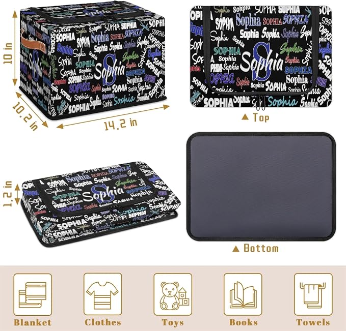 Personalized Kids Toy Box with Name, Custom Nursery Baskets Cubes Box with Zipper Lid, Kids Boys Custom Storage Basket Laundry Baskets Organizer with Handles, Solid Black
