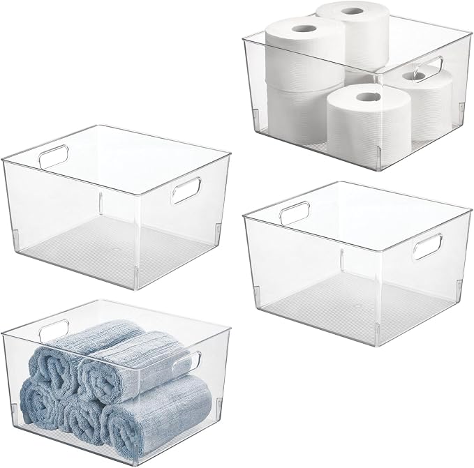 mDesign Large Modern Stackable Plastic Storage Organizer Bin Basket with Handles for Bathroom Vanity Organization - Shelf, Cubby, Cabinet, or Closet Organizing Decor - Ligne Collection - 4 Pack, Clear