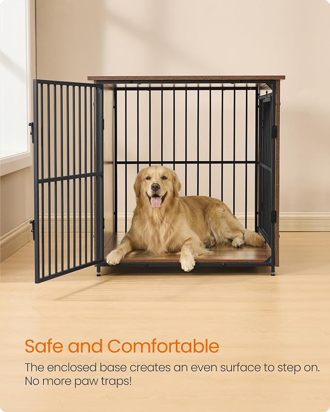 Feandrea Wooden Dog Crate Furniture, 48 Inches Heavy-Duty Kennel for Dogs up to 110 lb, with Double Doors and Enclosed Wood Base, Modern Pet Cage End Table Indoor, Rustic Brown