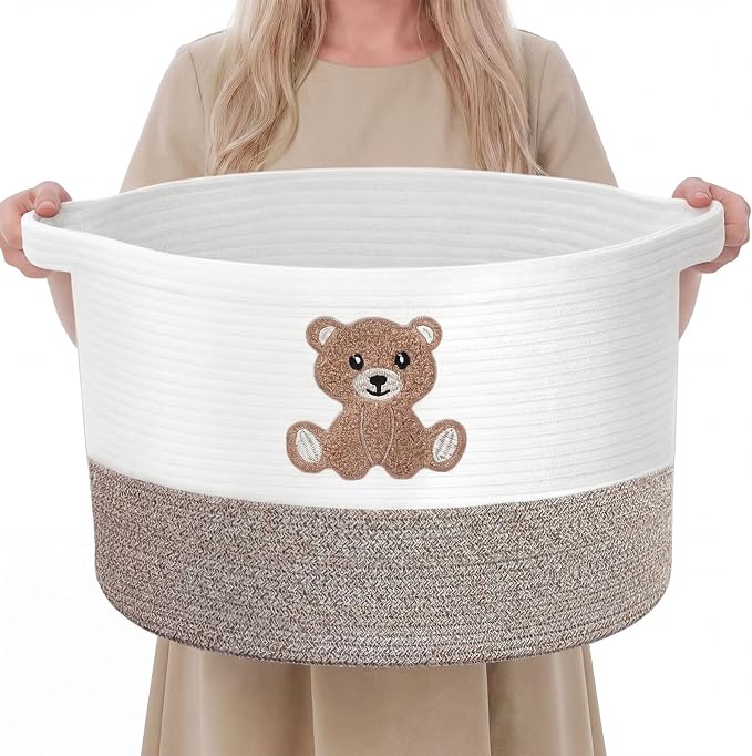 LemonRoad Extra Large Basket 20"x14", Woven Basket for Laundry Blanket Toy Box with Handle Storage, Blanket Storage for Living Room Nursery Pillows Chest(Cotton Rope,Cute Bear,Brown)