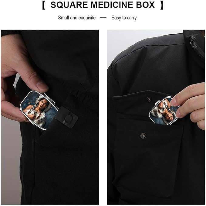 Indigenous People and Wolves Pill Box 2 Compartment Medicine Pill Case Portable Pill Organizer for Pocket Or Purse Decorative Metal Medicine Vitamin Organizer