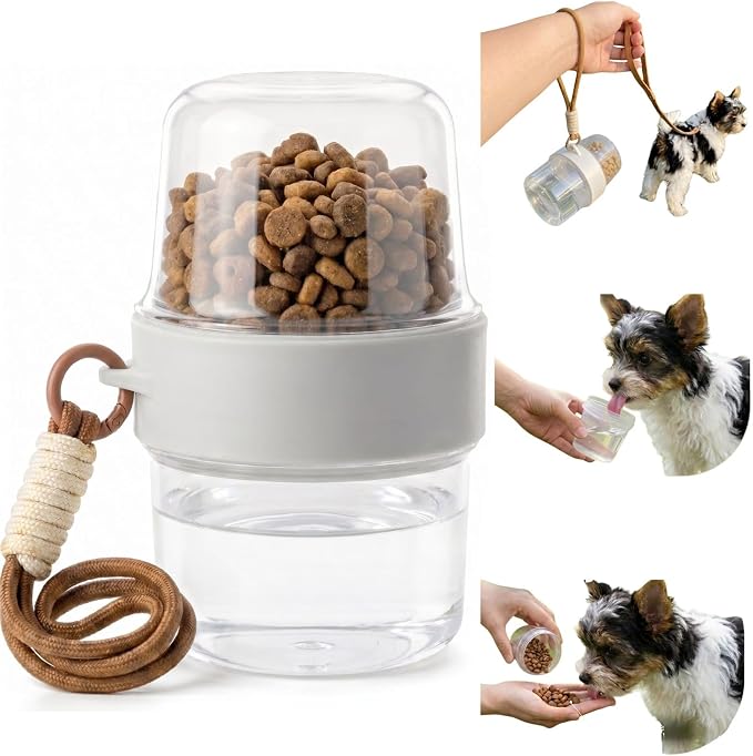 Portable Pet Travel Water Bottle and Food Container - 2-in-1 Detachable Dog Travel Cup for Walking, Hiking and Traveling - Leak-Proof, BPA Free & Food Grade Safety Material (Gray, Small Size)