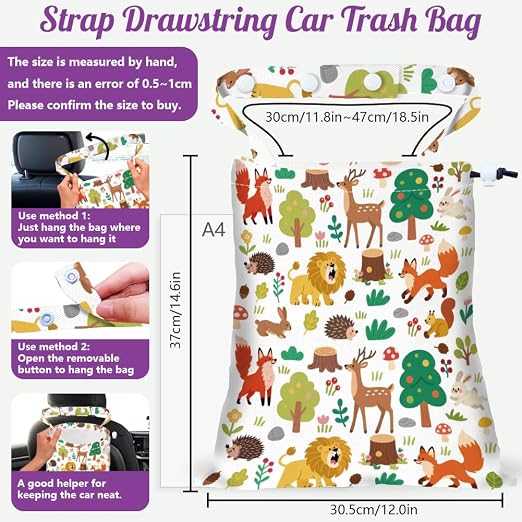 Plants Animals Strap Drawstring Car Trash Bag Hanging Garbage Bag with Snap Buttons Car Back Seat Trash Storage Portable Dustbin Vehicle Trash Can Bag for Vehicle Accessories Travel Camping