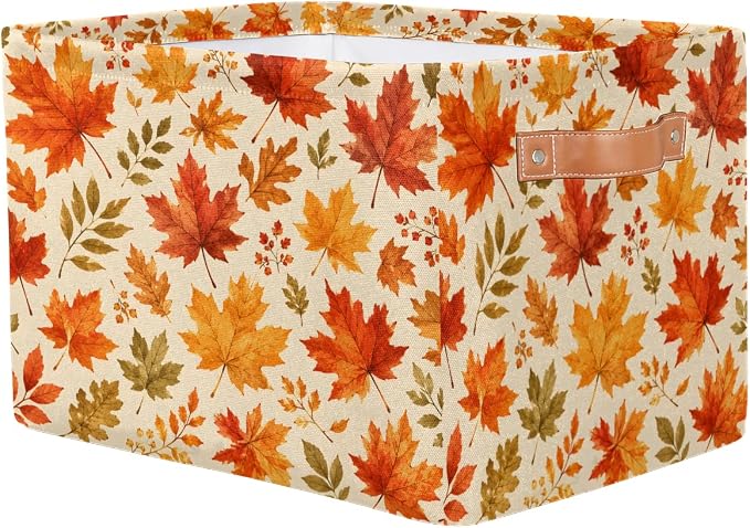 Leaf Fall Basket Storage Bins Rectangle Canvas Basket Cube Storage Box | Nursery Foldable Basket with Handle for Kids Girls Boys Toys Living Room Closet Organizer Shelf Gifts Autumn Fall
