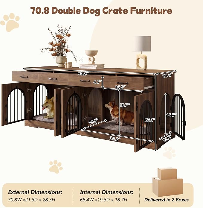 Merax 70.8" Large Dog Crate Furniture & TV Stand for 2 Dogs – Double Kennel with 4 Storage Drawers, Removable Divider & Arched Metal Doors – Wood Indoor Pet House for Medium/Large Breeds, Brown