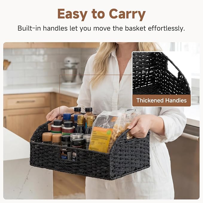 StorageWorks Pantry Baskets, Black Wicker Baskets with Handles, 2-Pack | Paper Rope Black Baskets for Organizing, Black Woven Baskets, Pantry Baskets for Shelves, Wicker Storage Baskets for Shelves