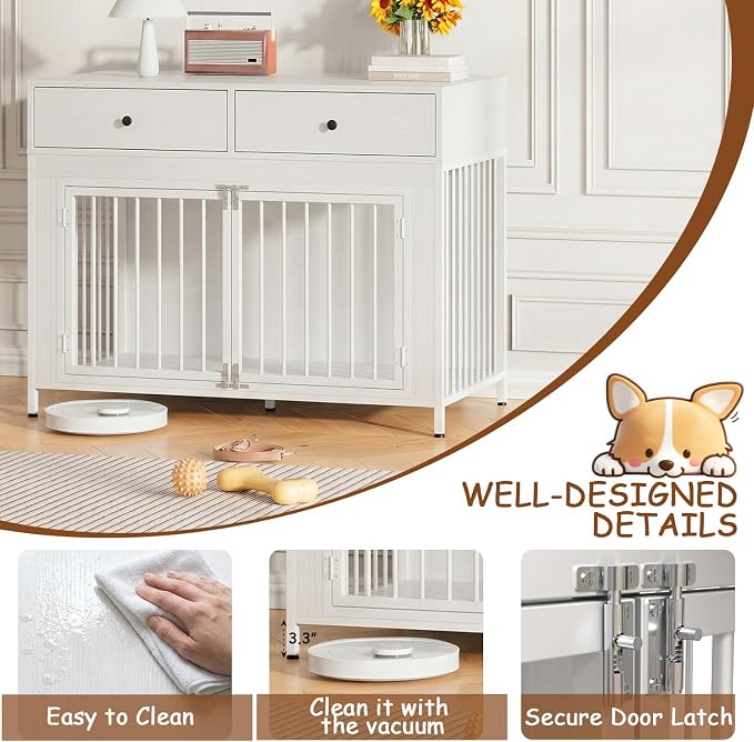 PUKAMI Large Dog Crate Furniture with 2 Drawers, 44 Inch Wooden Dog Kennel Indoor, Crate Furniture as Decorative End Table, Cage Furniture for Small Medium Large Dogs (New White, 1-Pack Set)