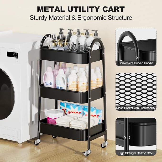 3 Tier Rolling Cart, Large Metal Storage Cart with Handle and Lockable Wheels, Big Multifunctional Storage Organizer Trolley with Mesh Baskets for Kitchen, Living Room, Office, Garage (Black)