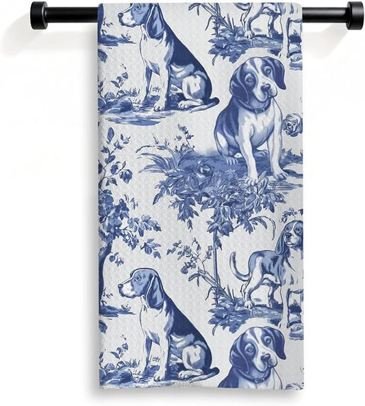 Beagle French Kitchen Dish Towels,Blue and White Floral Dog Towel Dish Tea Towels, Chinoiserie Decor for Kitchen Bathroom,Grandmillennial Gifts for Dog Lover Mom Dad,16x24 Inch