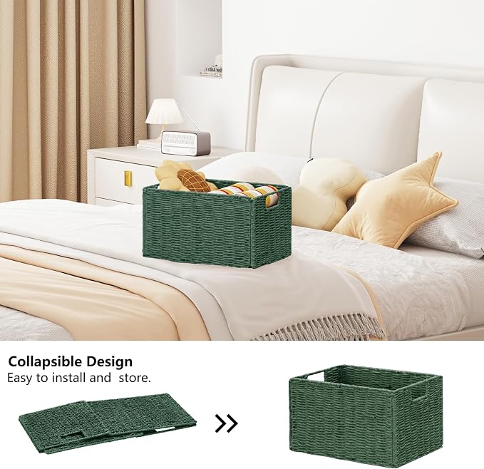 Vagusicc Large Wicker Storage Basket, Collapsible Baskets for Organizing | Set of 2 Hand-Woven Paper Rope Wicker Basket, 15"x 10" Closet Organizers and Storage with Handles Home Organization, Green