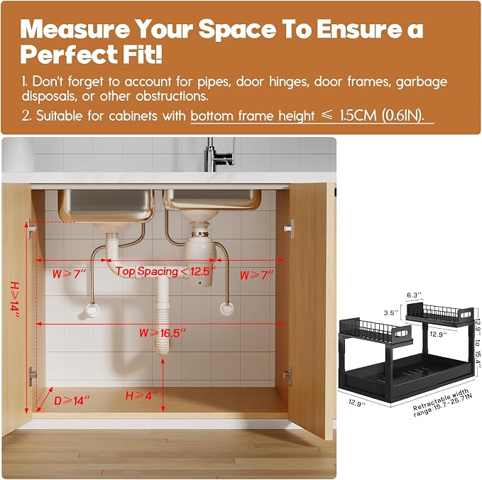 1 Pack-16"-26"W Expandable Under Sink Organizer With Upgrade Ball-Bearing Slide,2-Tier Pull Out Under Cabinet Organizer Height Adjustable,Not Suitable For Cabinets With Partitions In The Middle