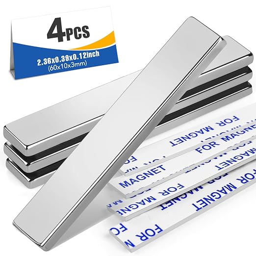 Neodymium Magnets with Adhesive Backing 4Pcs 60x10x3mm Silver | Fridge Magnetic Strips Refrigerator Blocks Crafts Extra Super Sticky Bar for Science Experiments Classroom Craft Office
