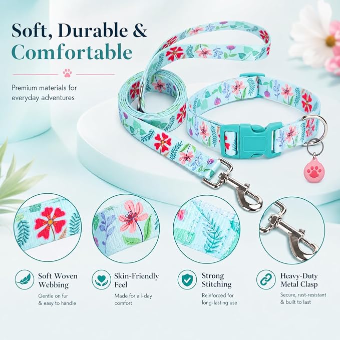 Floral Matched Dog Collar and Leash Set with AirTag Holder-Verdure Daisy/XS | Anti-Lost,Adjustable Durable Pet Collar Leash Combo for Puppy X-Small Boy Girl Dogs,Outdoor Walking Hiking Training Running