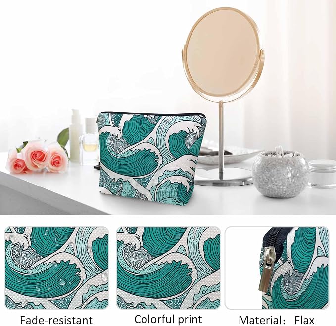 Women Makeup Organizer Bag Ocean Waves, Japanese Great Wave Ocean Sea Waves Flax Cosmetic Bag Makeup Bags Toiletry Bag Accessories Organizer Travel Bags For Home Bathroom Office Hotel Gym