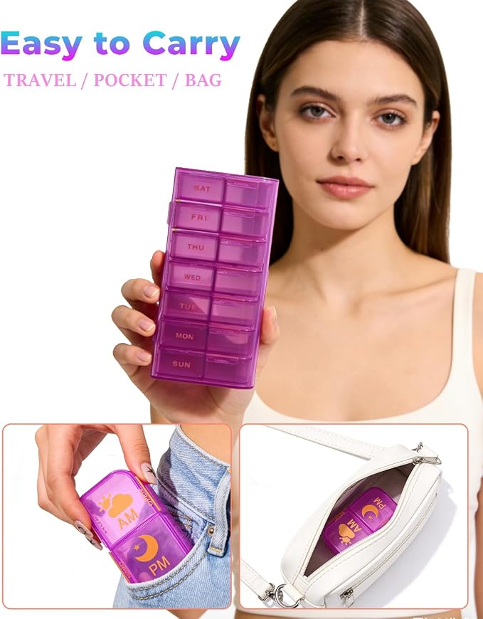 Weekly Pill Organizer 2 Times a Day, 7 Day AM/PM Pill Box, Portable Medication Dispenser with Child-Resistant Latch, BPA-Free, Travel, Office, Pets, Emergency Use (Lavender Purple)