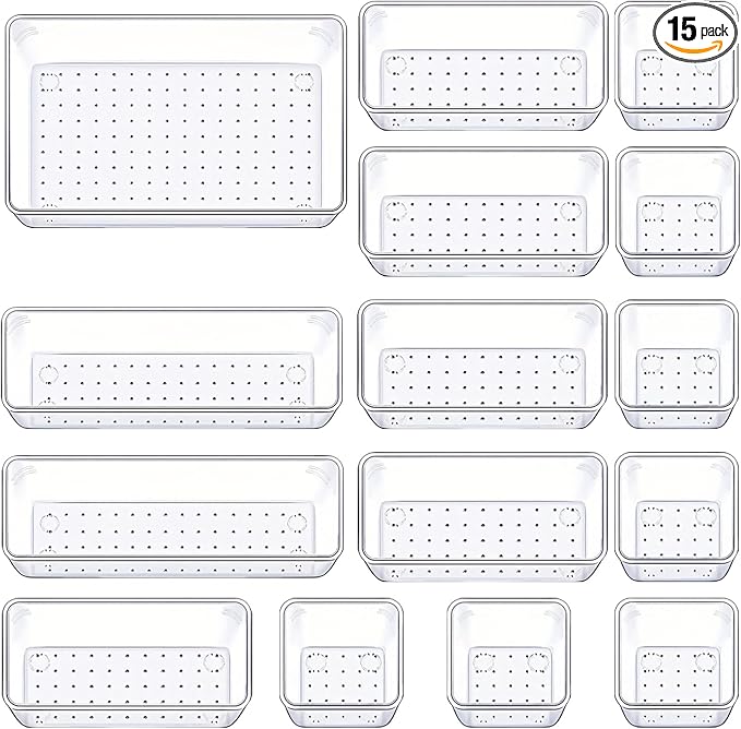 Manalete 15 Pcs Clear Plastic Drawer Organizer, Makeup & Vanity Organizer | 4-Size Versatile Desk Organizer & Storage Bins for Kitchen, Bathroom, Office, Jewelries, Easy Clean, Stackable, BPA-Free