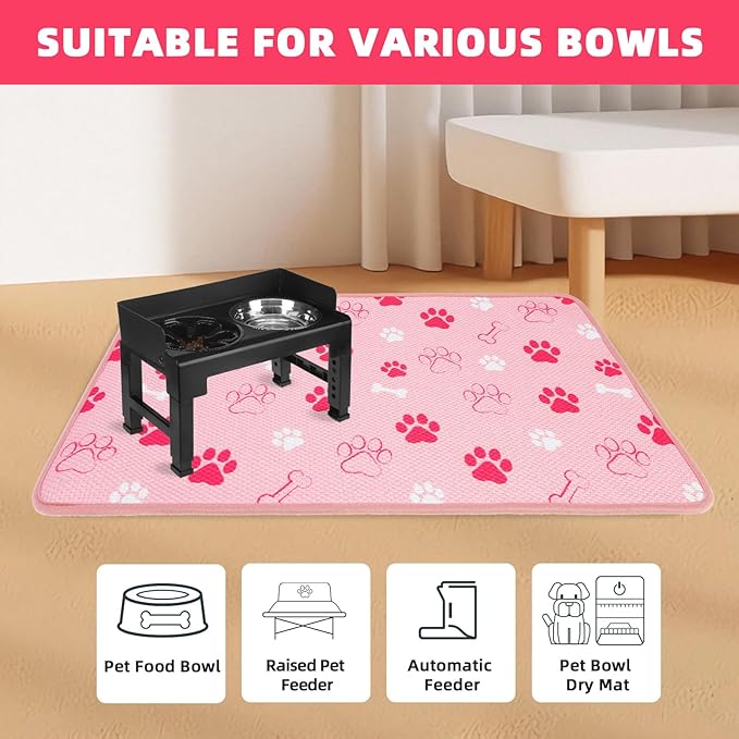 PUPTECK Dog Food Mat, Absorbent Pet Cat Feeding Mat for Food and Water Bowls, Anti-Slip Dog Placemat for Floors Waterproof, Pet Supplies Accessories, Pink S