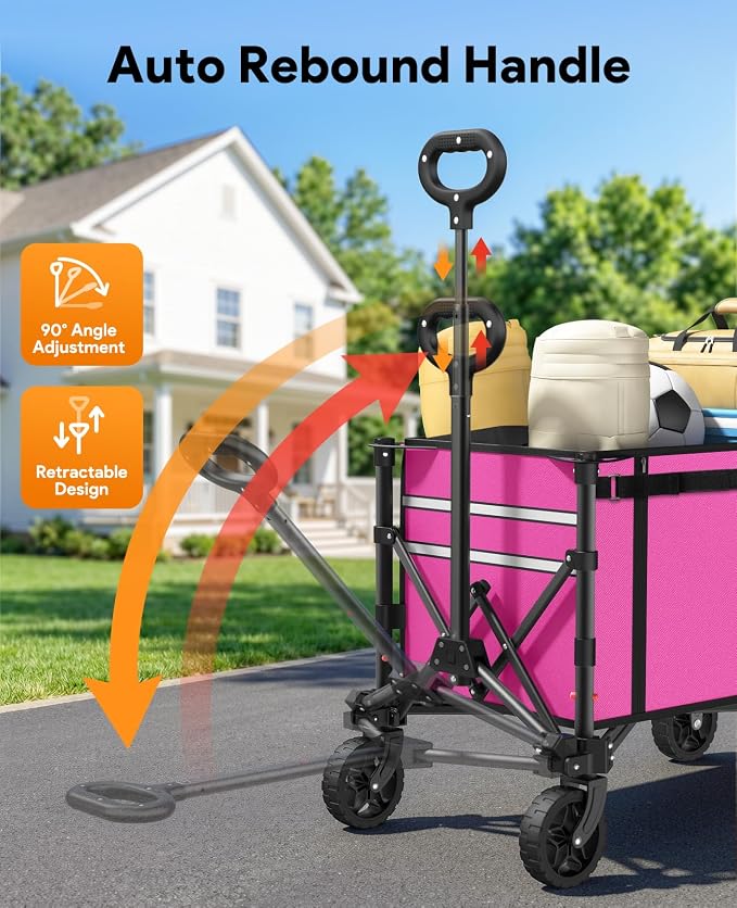 Collapsible Wagon with Wheels,120L Wagon Cart for Camping Groceries Beach | 220lbs Capacity Wagon Carts Foldablet,Smallest Folding Size,Lightweight Portable,Adjustable Handle,Transport long items