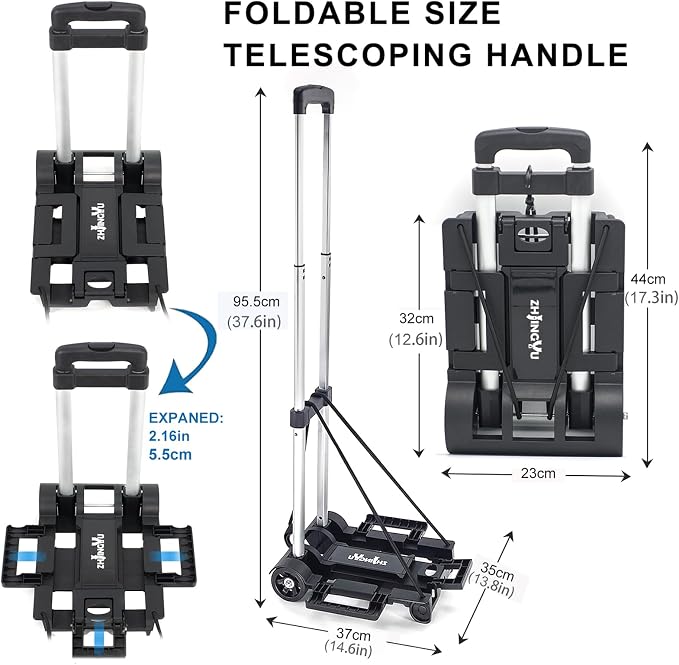 Folding Hand Truck Aluminum Trolley,Small Dolly, Foldable Hand Cart, | Folding Hand Cart, 2 Wheel Luggage Dolly,Expandable Large Chassis Foldable into Backpack Trolley