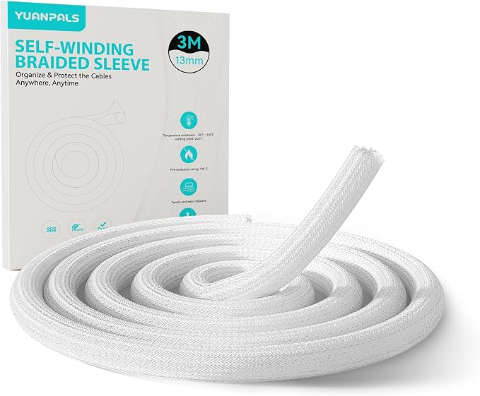 Cable Tidy Sleeve, 13mm(0.51") - 3m(9.84ft)(White) | Cable management tube for PC/TV, self-winding wire tidy organiser for home, office, made of safety PET materials, easy to use
