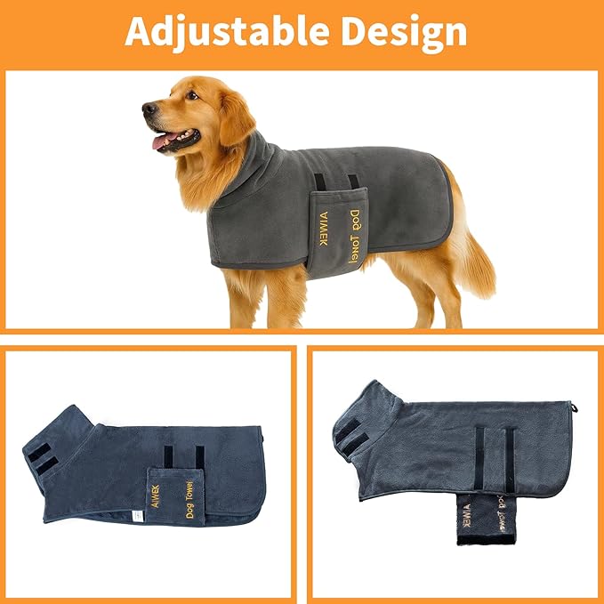 Dog Towel Dog Bathrobe, Microfiber Super Absorbent Pet, Quick Drying Robe for After Bath, Adjustable Collar & Belly Strap Pet Cat Bath Robe Towel Grey-L